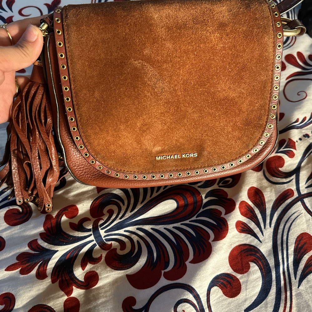 Michael Kors Tan Suede Crossbody Bag with Gold Accents